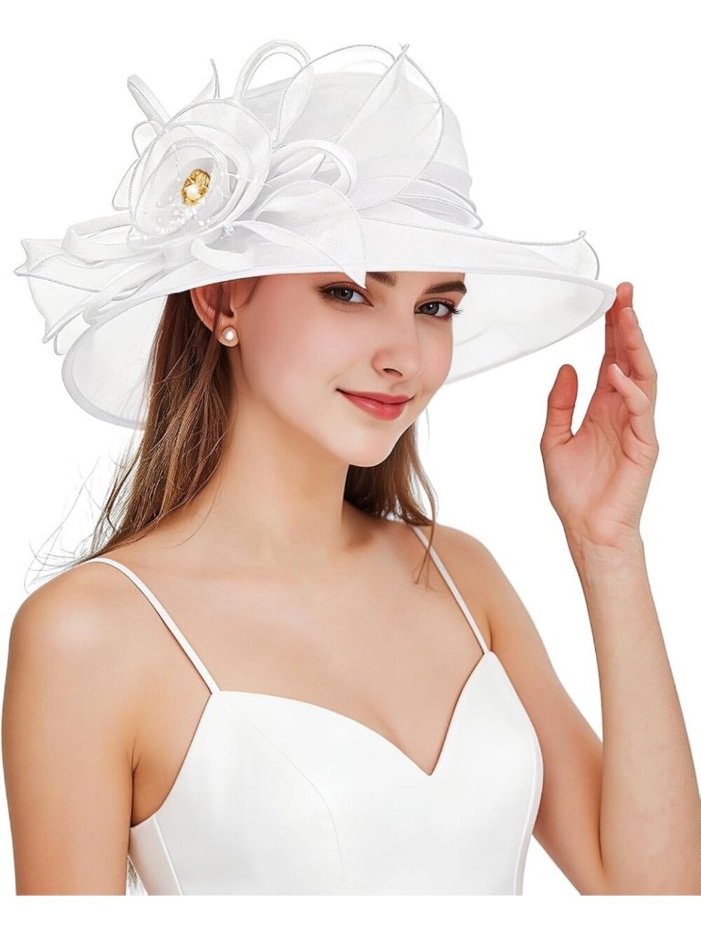 Elegant Organza Wedding Fascinator Tea Party Derby Hat - Flower Wide Brim Sun